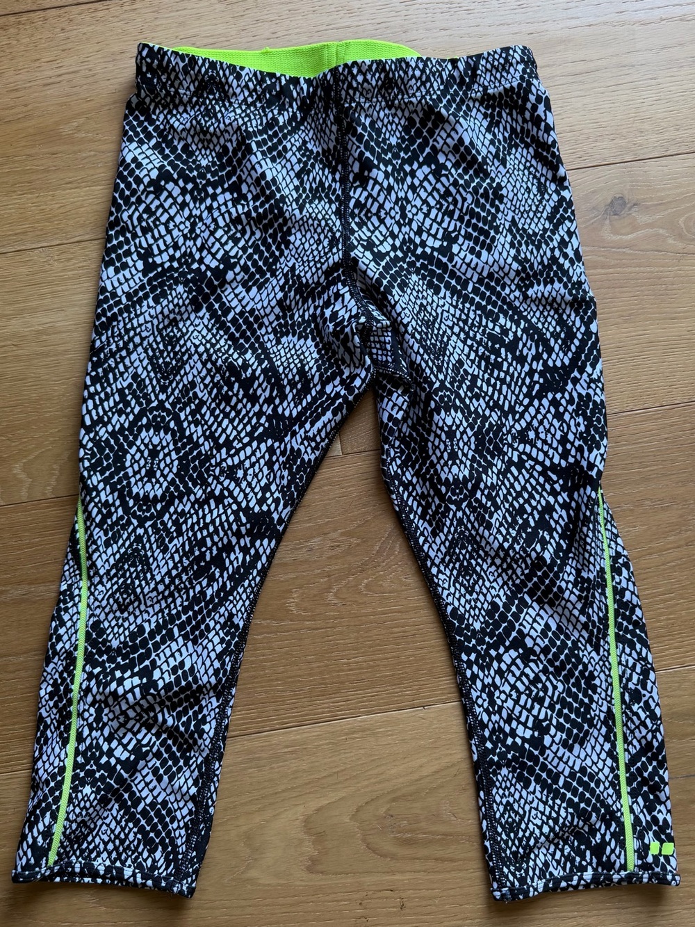 Lorna Jane Black & White Snake Print Leggings with Neon Yellow Trim